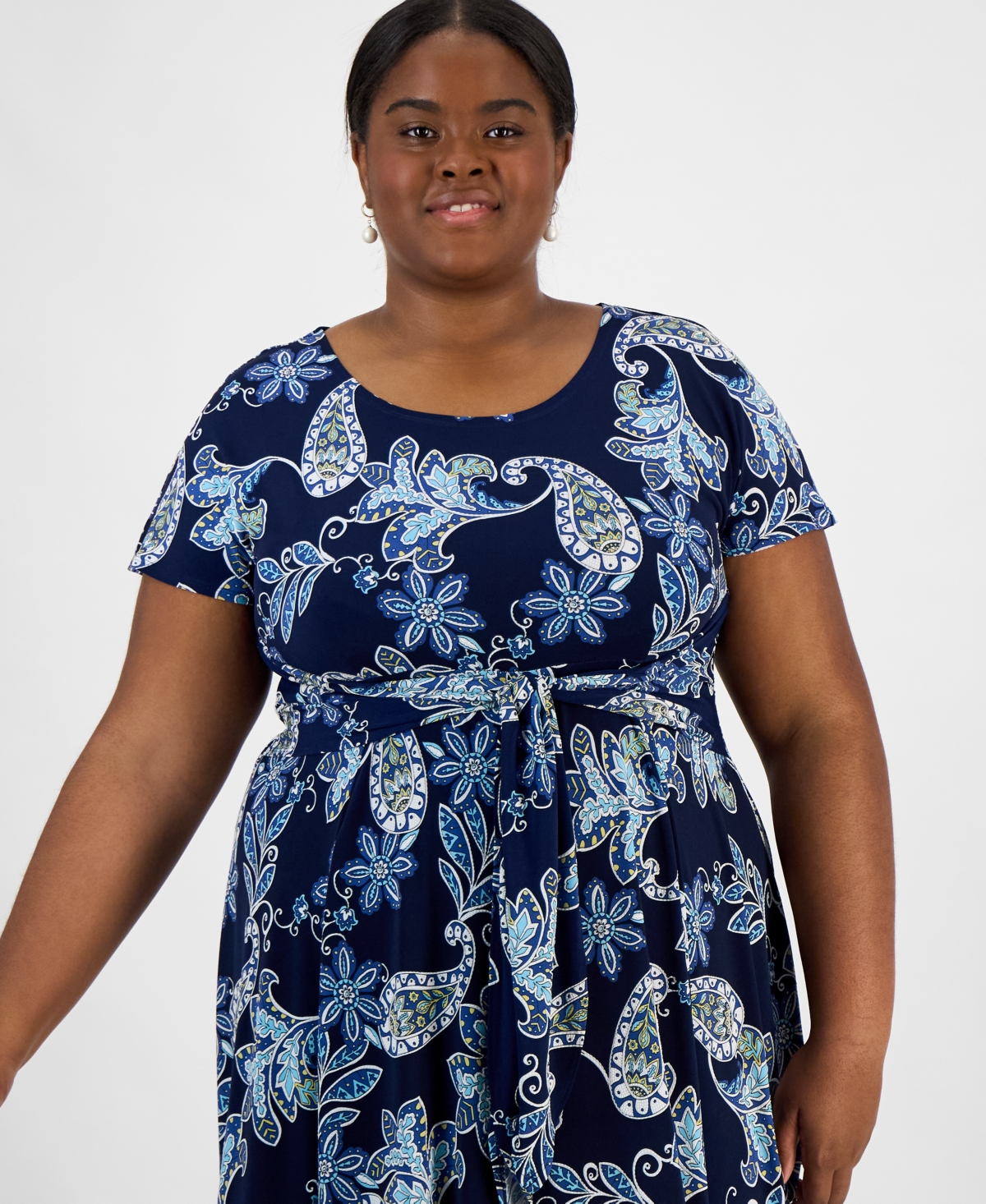 ROBBIE BEE PLUS SIZE PRINTED SHORT-SLEEVE MIDI DRESS 