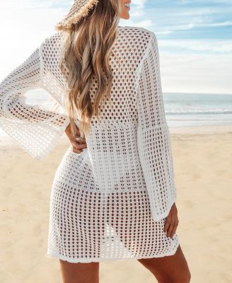 Women's White Cutout Flared Sleeve Cover-up Beach Dress