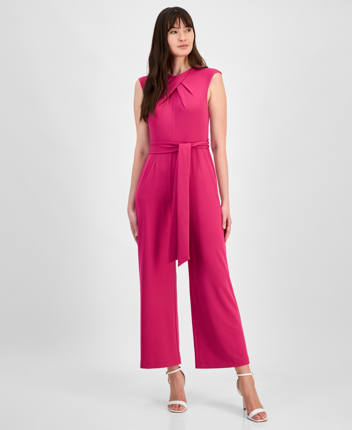 Tahari Petite Tie-Waist Sleeveless Wide-Leg Jumpsuit - Wild Berry