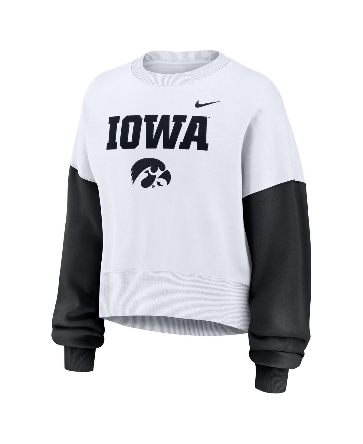 Nike Women's White Iowa Hawkeyes Color-block Oversized Cropped Pullover Sweatshirt In White