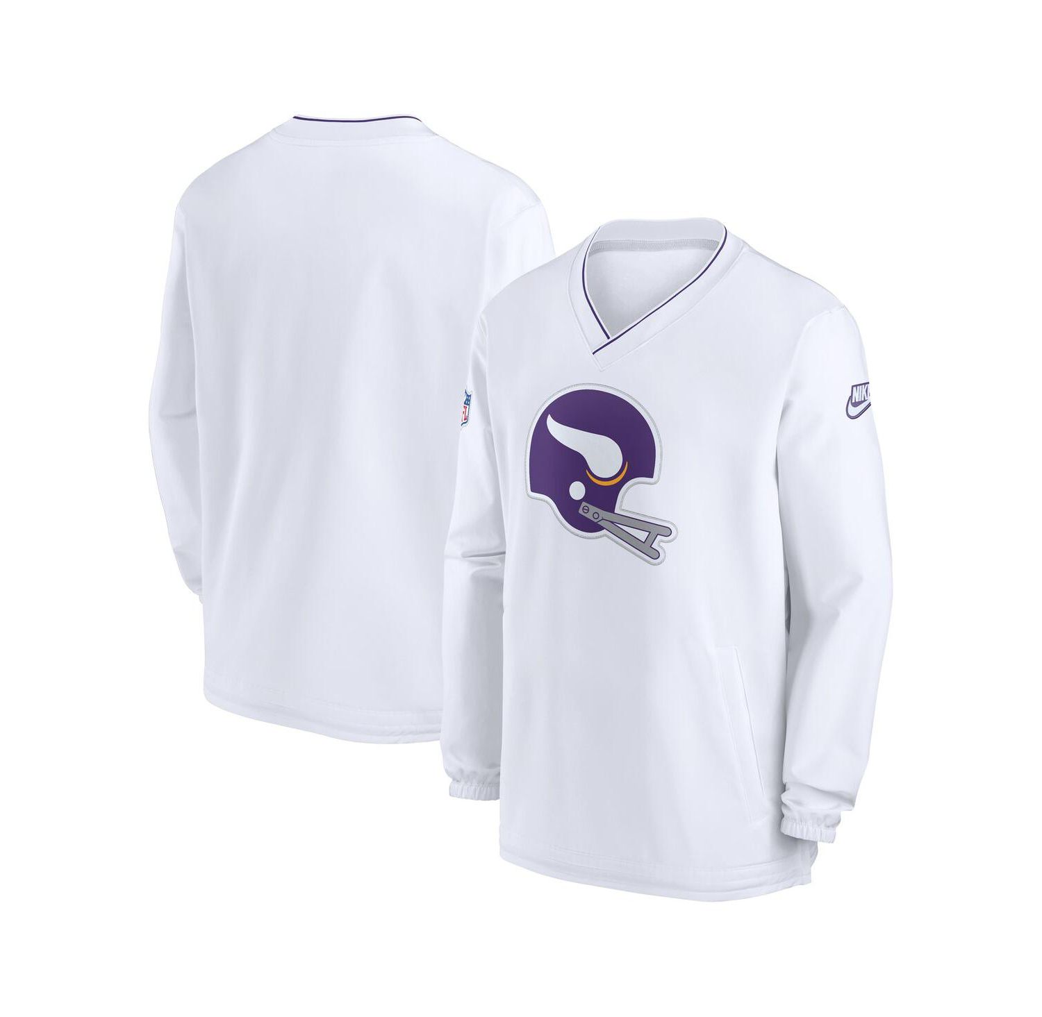 Men's White Minnesota Vikings 2024 Sideline Throwback Logo Long-Sleeve V-Neck Windshirt