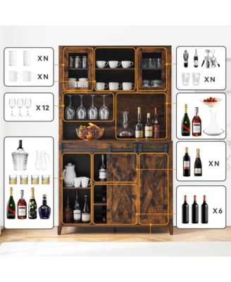 70" Farmhouse Bar Wine Cabinet with Sliding Barn Doors, Coffee Liquor Cabinets with Storage Shelves and Glasses Rack for Kitchen, Dining Room