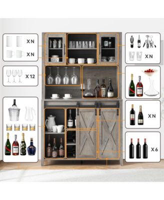 70" Farmhouse Bar Wine Cabinet with Sliding Barn Doors, Coffee Liquor Cabinets with Storage Shelves and Glasses Rack for Kitchen, Dining Room