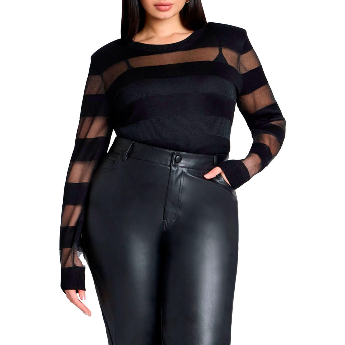 Plus Size Sheer Stripe Sweater With Shoulder Pad - Black