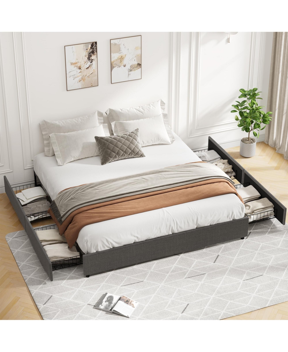 gaomon King Bed Frame, Platform Bed Frame, Fabric Upholstered with 4 Storage Drawers