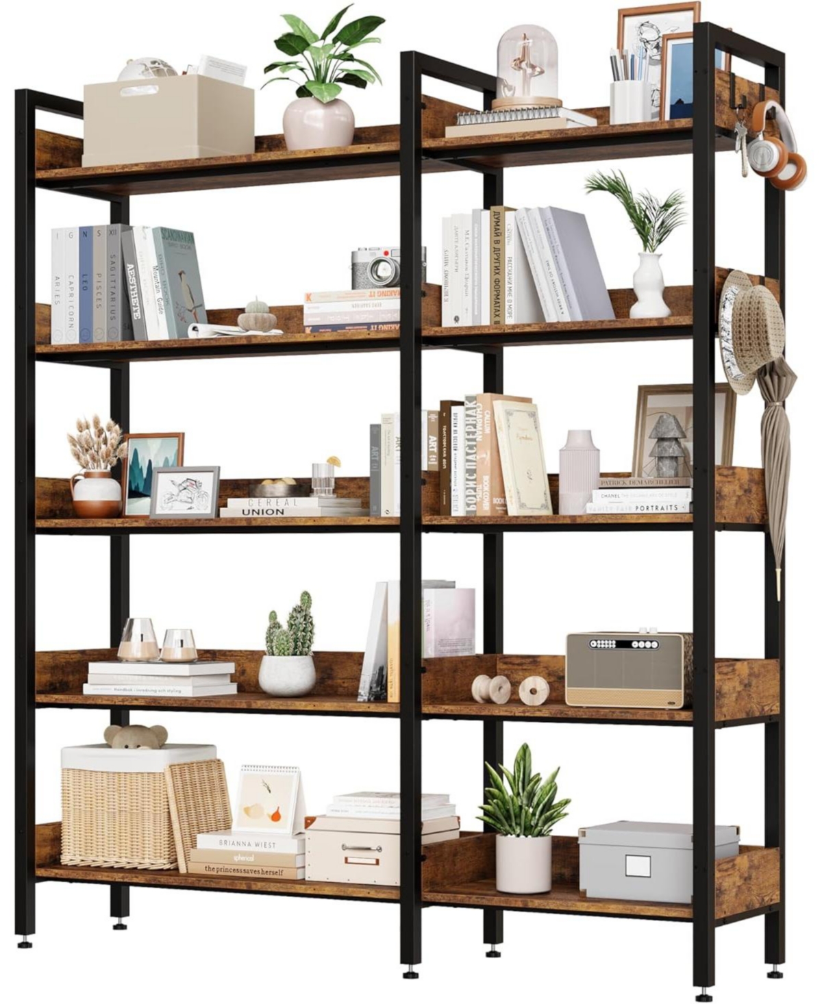 gaomon Corner Bookshelf, 5-Tier Bookshelves with 4 Hooks, Convertible Bookshelf