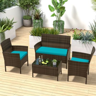 4 Piece Patio Furniture Set with Washable Cushions and Tempered Glass Coffee Table
