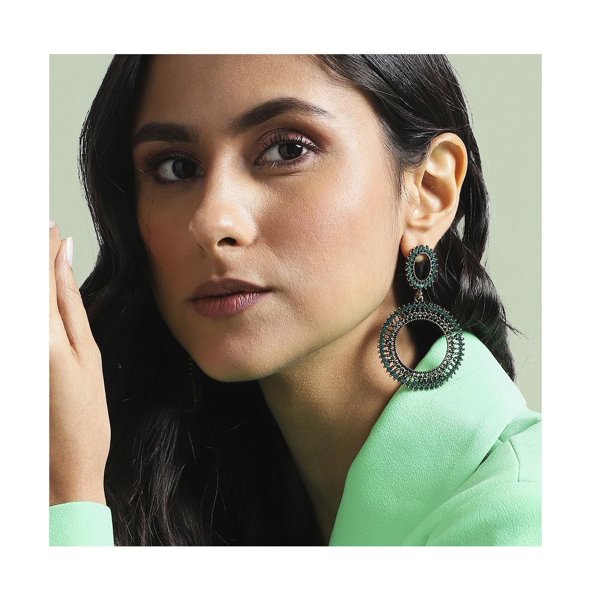 Sohi Circular Crystal Drop Earrings In Green