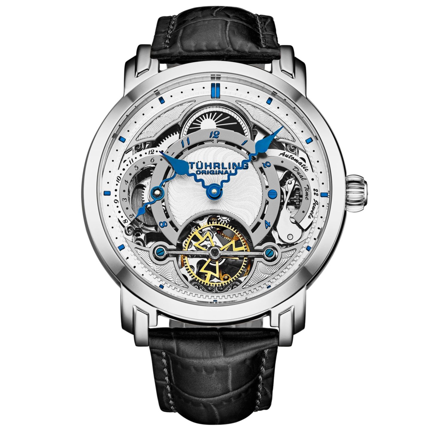 Мужские часы Stuhrling Celestial Timekeeper 1017.01 Dual Time Automatic 44mm Skeleton Watch, цвет: Серебряный — фото 1