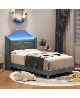 Twin Bed Frame with Lights, Stylish Velvet Platform Bed