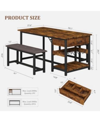 Dining Table Set with 2 Benches for 4 Kitchen Table Set with Storage Drawers & Wine Rack for Breakfast Nook and Small Space Dining Room Table Set with Metal Frame for Living Room