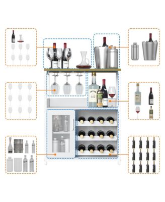 Wine Bar Cabinet with Detachable Wine Rack, Bar Rack Cabinet with Glass Holder and 1 Drawer, Mesh Door, Small Sideboard and Buffet Cabinet for Liquor and Glasses