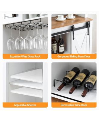 Farmhouse Bar Wine Cabinet with Sliding Barn Doors, Coffee Liquor Cabinets with Storage Shelves and Glasses Rack for Kitchen, Dining Room
