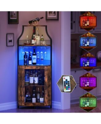Corner Bar Cabinet - Wine Bar Cabinet with LED Strip and Glass Holder 5-Tiers Storage Space Corner Liquor Cabinet Industrial Wine Cabinet
