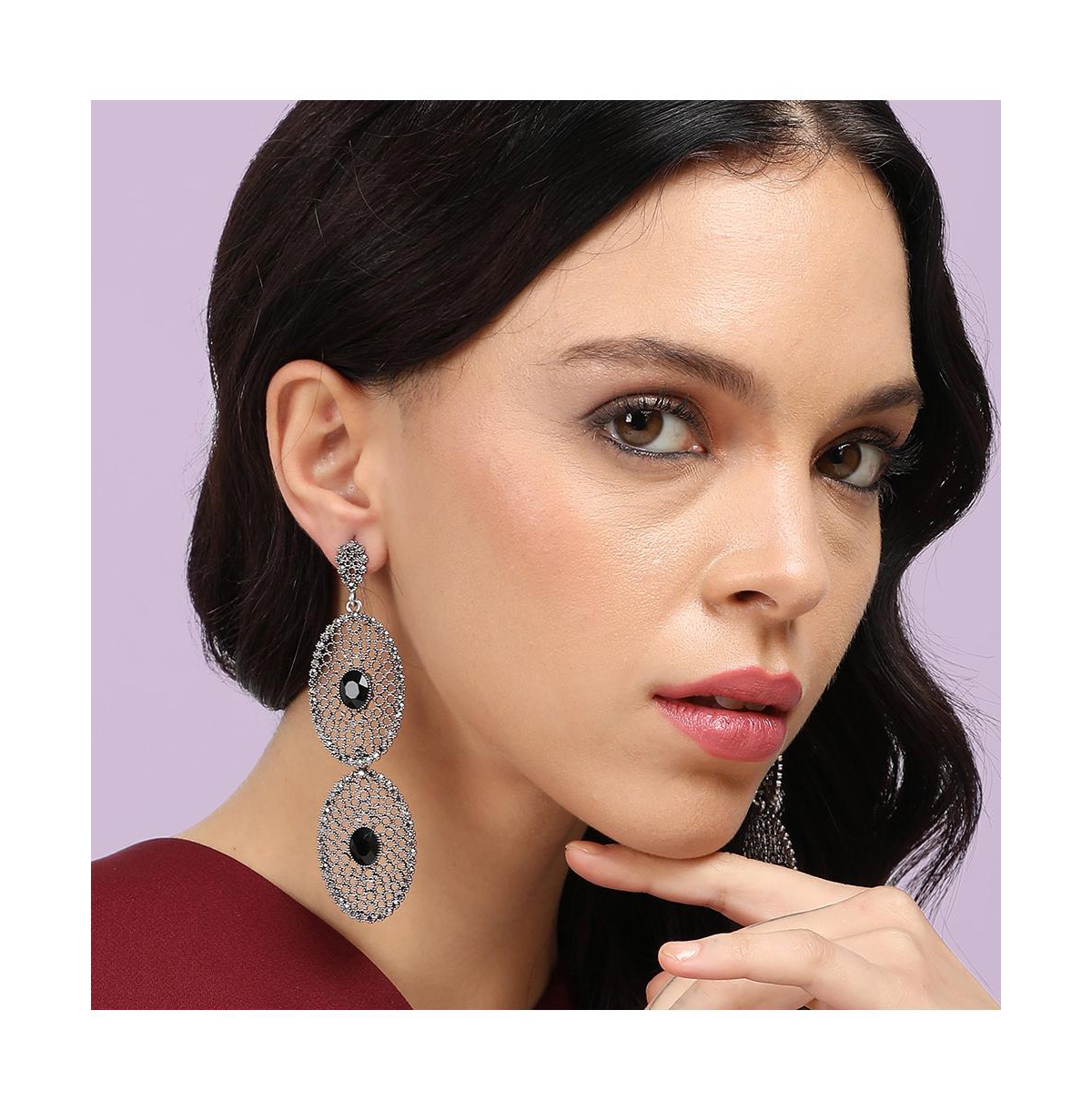 Sohi Intricate Stone Oval Long Drop Earrings In Black
