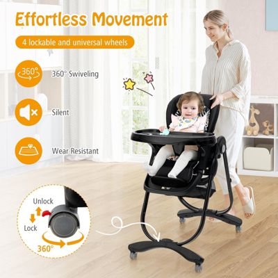 Multifunctional Folding Baby High Chair with Rolling Wheels and Adjustable Height