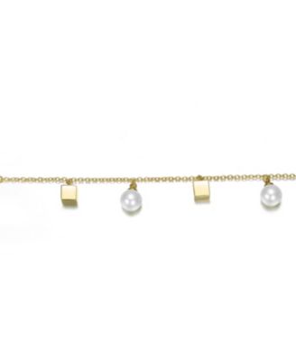 14K Gold Plated Cubed Charms & Pearls Link Bracelet