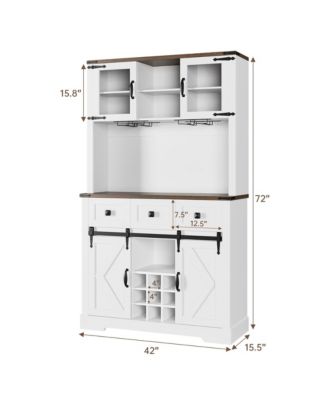 72" Farmhouse Bar Cabinet with Sliding Barn Door, Tall Kitchen Buffet with Storage Hutch and 3 Drawer, Rustic Coffee Wine Bar Sideboard with Wine & Glasses Rack, for Living Room