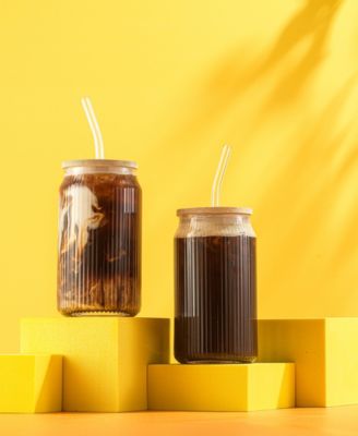 Fluted Glass Tumblers with Bamboo Lids and Straws, Set of 4