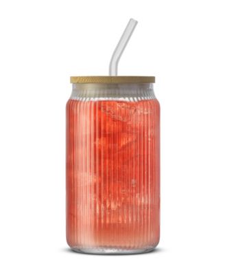 Fluted Glass Tumblers with Bamboo Lids and Straws, Set of 4