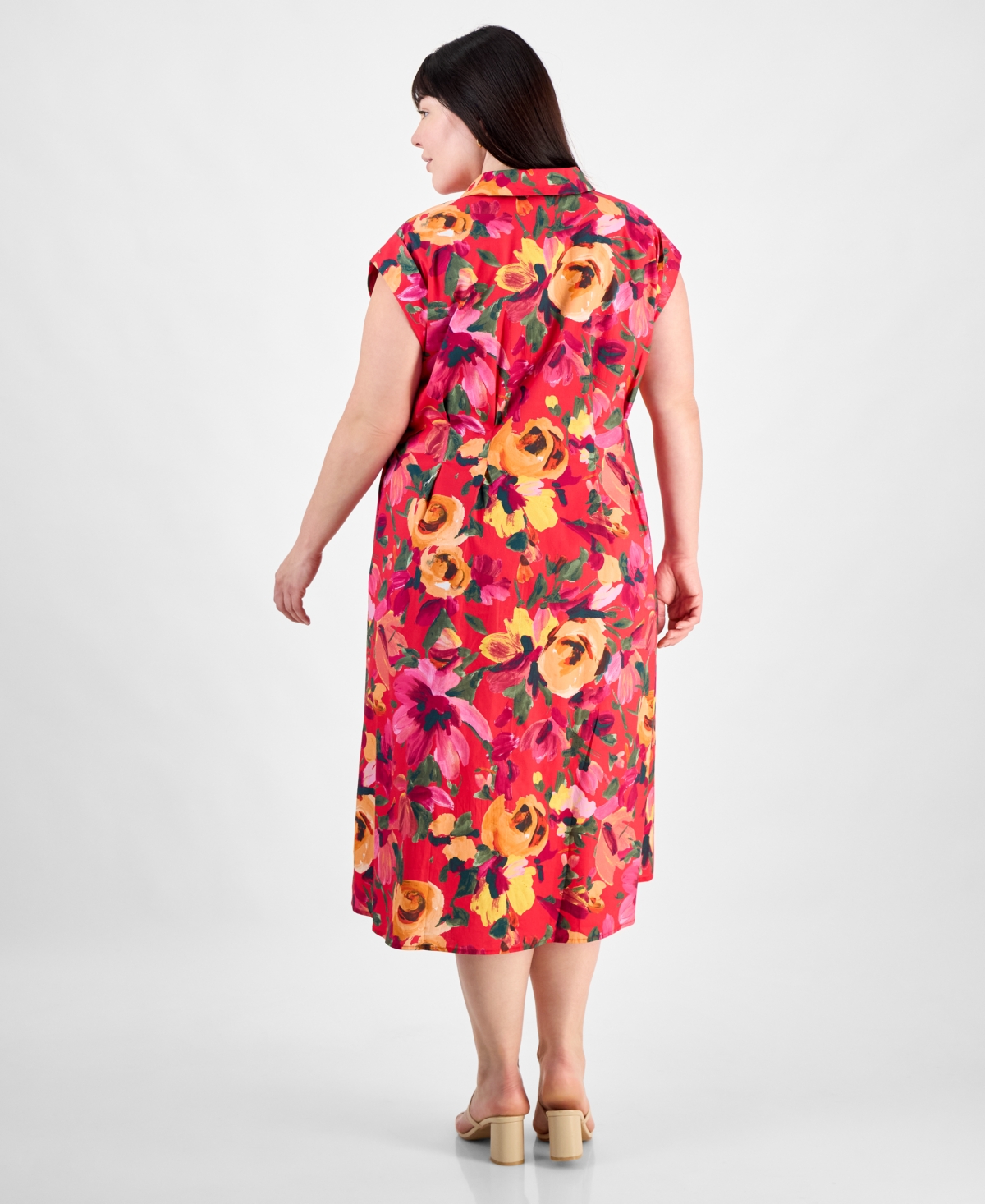 Julia Jordan Plus Size Floral-print Button-down Shirtdress In Red Multi