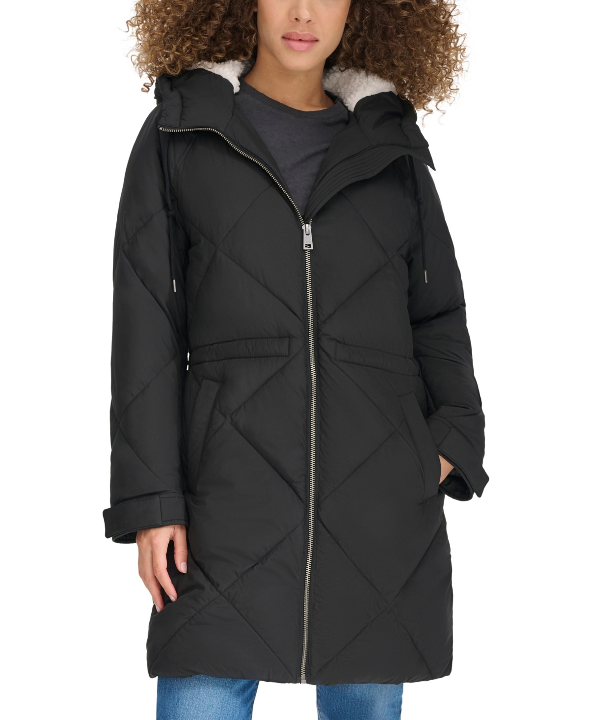 Women's Diamond Quilted Cinch Waist Parka Jacket - Black