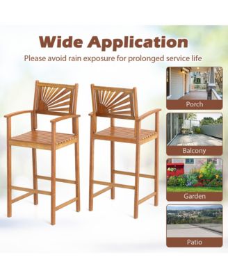 Set of 2 Outdoor Acacia Wood Bar Stools Bar Height Patio Chairs w/ Backrests