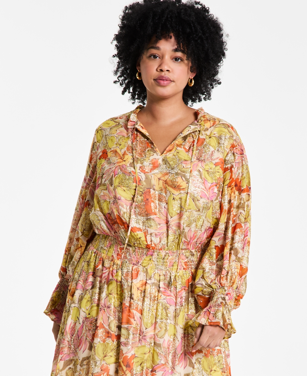 Shop Vince Camuto Plus Size Smocked-waist Floral Maxi Dress In Crushed Orange