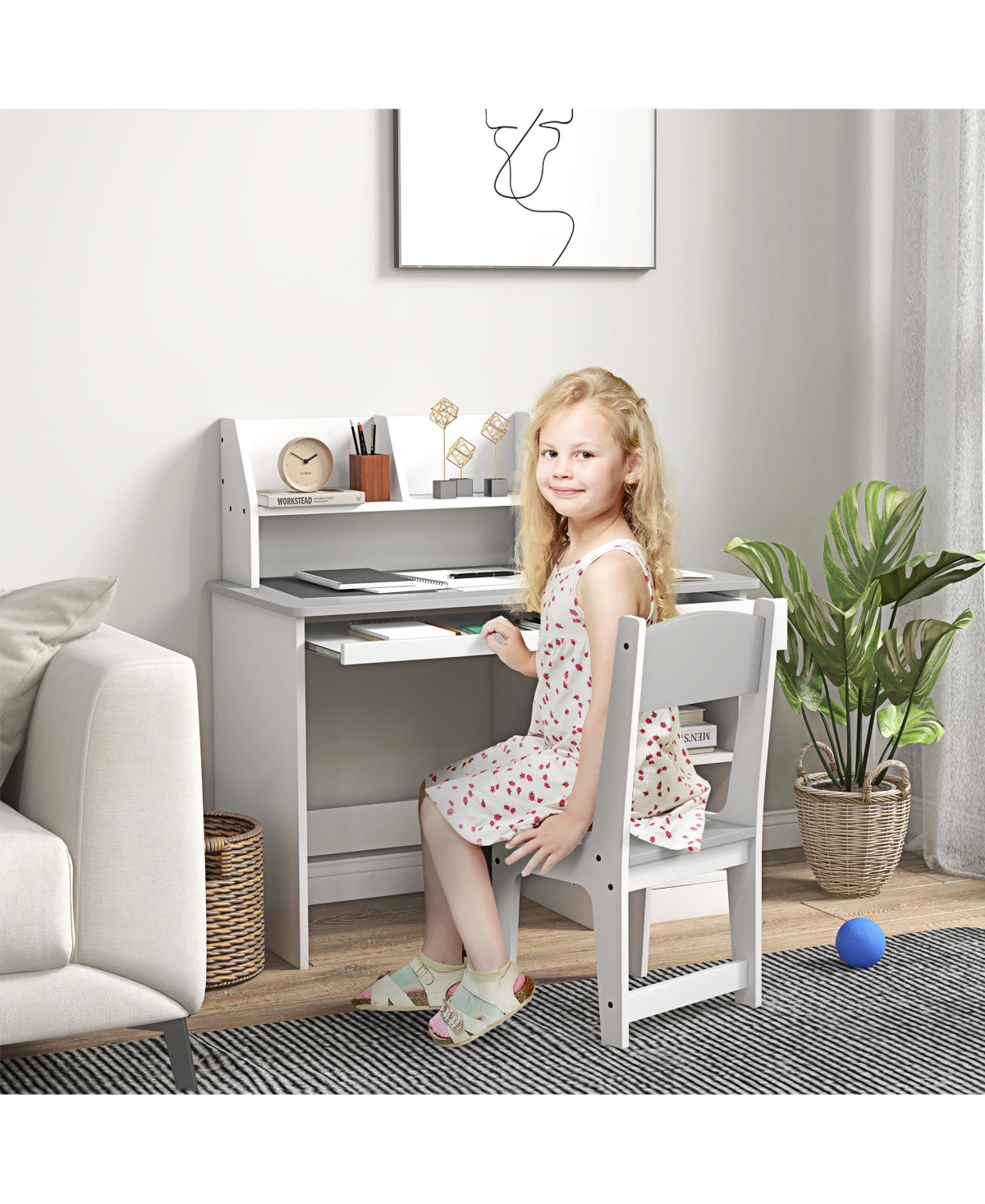 Qaba Kids Desk and Chair Set for 5-8 Year Old with Storage,