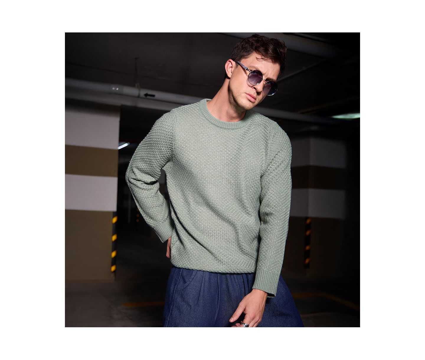 Мужской свитер Campus Sutra Sage Green Textured Knit Pullover, цвет: Шалфейный зелёный — фото 6