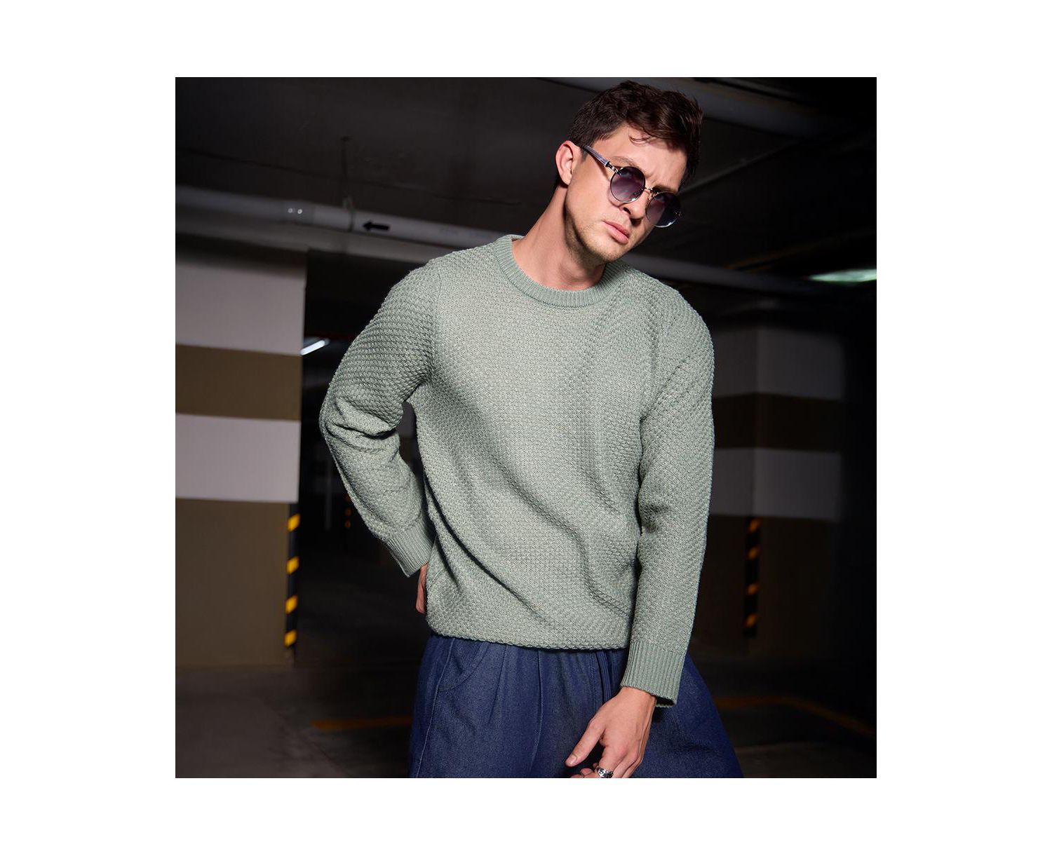 Men's Sage Green Textured Knit Pullover Sweater