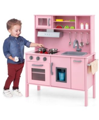 Kids Kitchen Playset Wooden Pretend Play Chef Toy with Microwave & Accessories