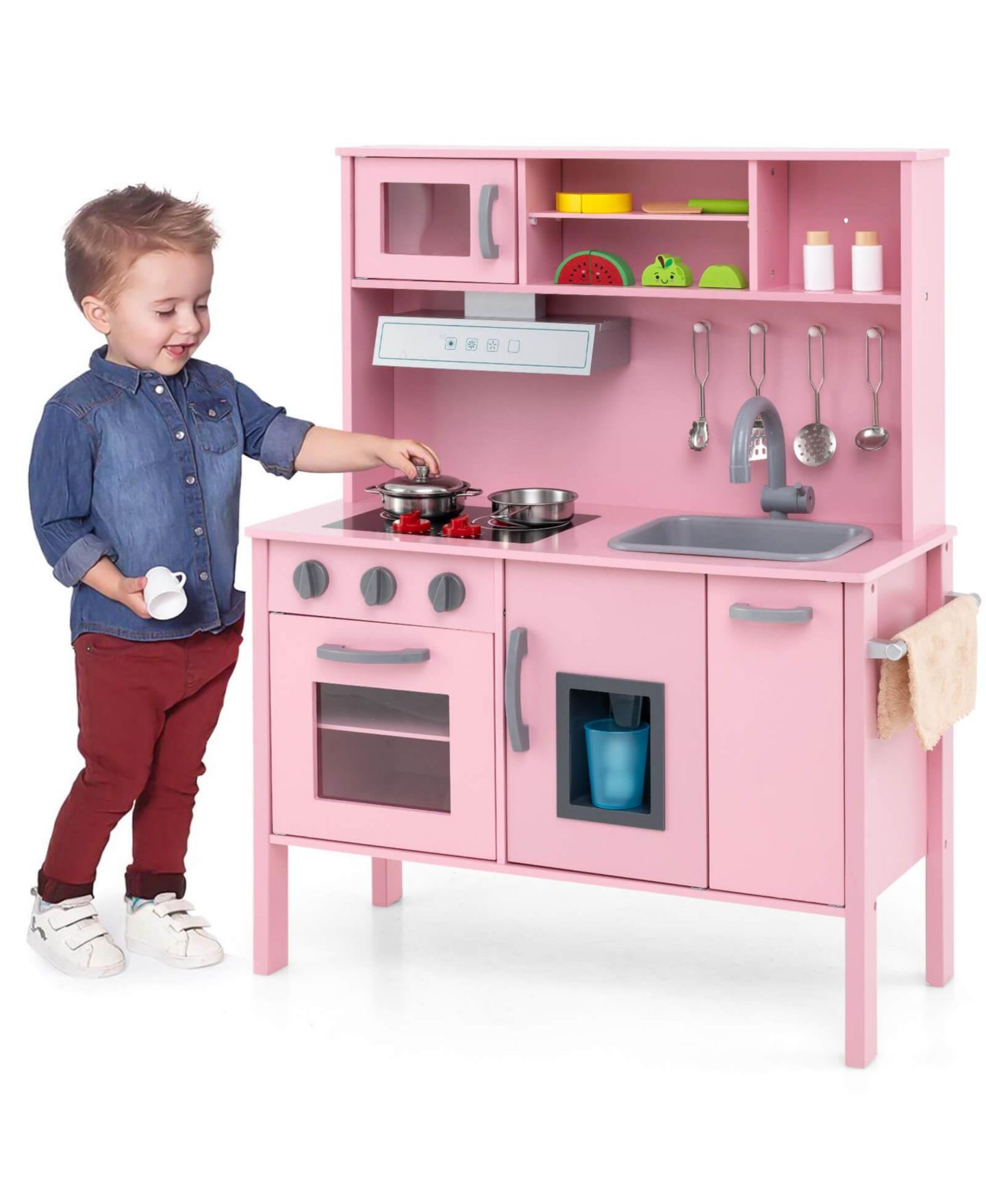 Детские игрушки Costway Chef Wooden 19-Piece Play Kitchen, Ages 3+, цвет: Розовый — фото 1