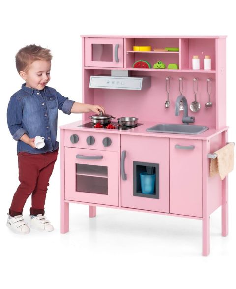 Детские игрушки Costway Chef Wooden 19-Piece Play Kitchen, Ages 3+, цвет: Розовый