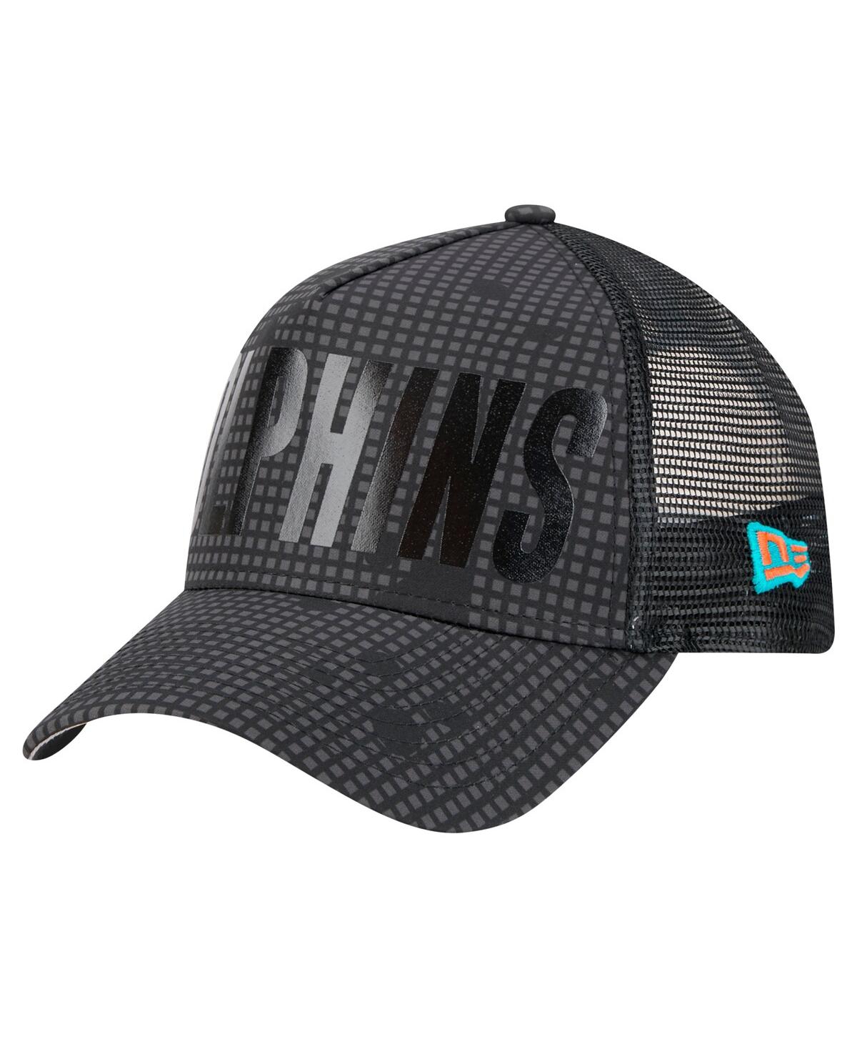 New Era Men's Black Miami Dolphins Midnight Ink Tonal Text A-frame Trucker 9forty Adjustable Hat In Black
