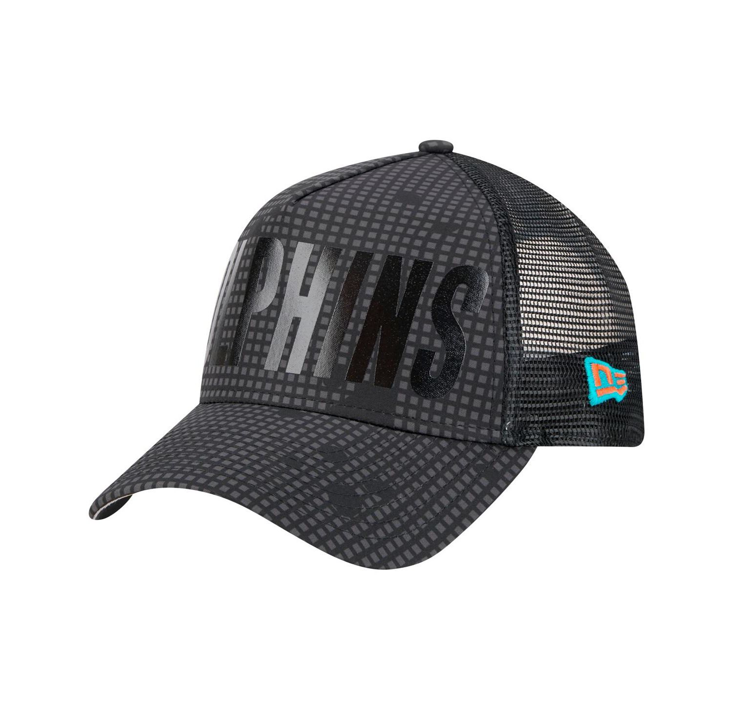 Men's Black Miami Dolphins Midnight Ink Tonal Text A-Frame Trucker 9FORTY Adjustable Hat