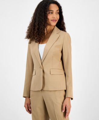 Women's Pinstriped Notch-Collar One-Button Jacket & Straight-Leg Mid-Rise Pants Set, Regular & Petite