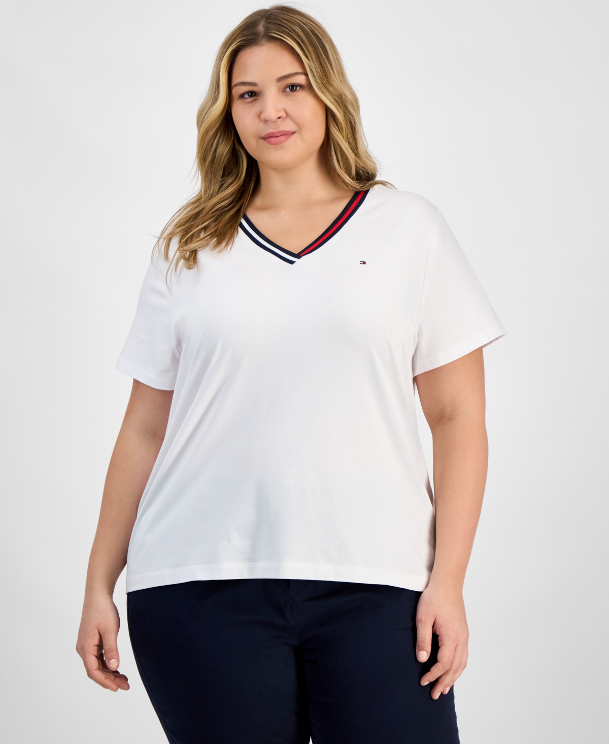TOMMY HILFIGER PLUS SIZE CONTRAST TRIM V-NECK TOP 