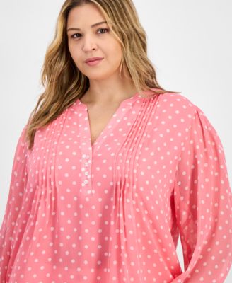 Plus Size Dot Print Pintuck 3/4-Sleeve Top