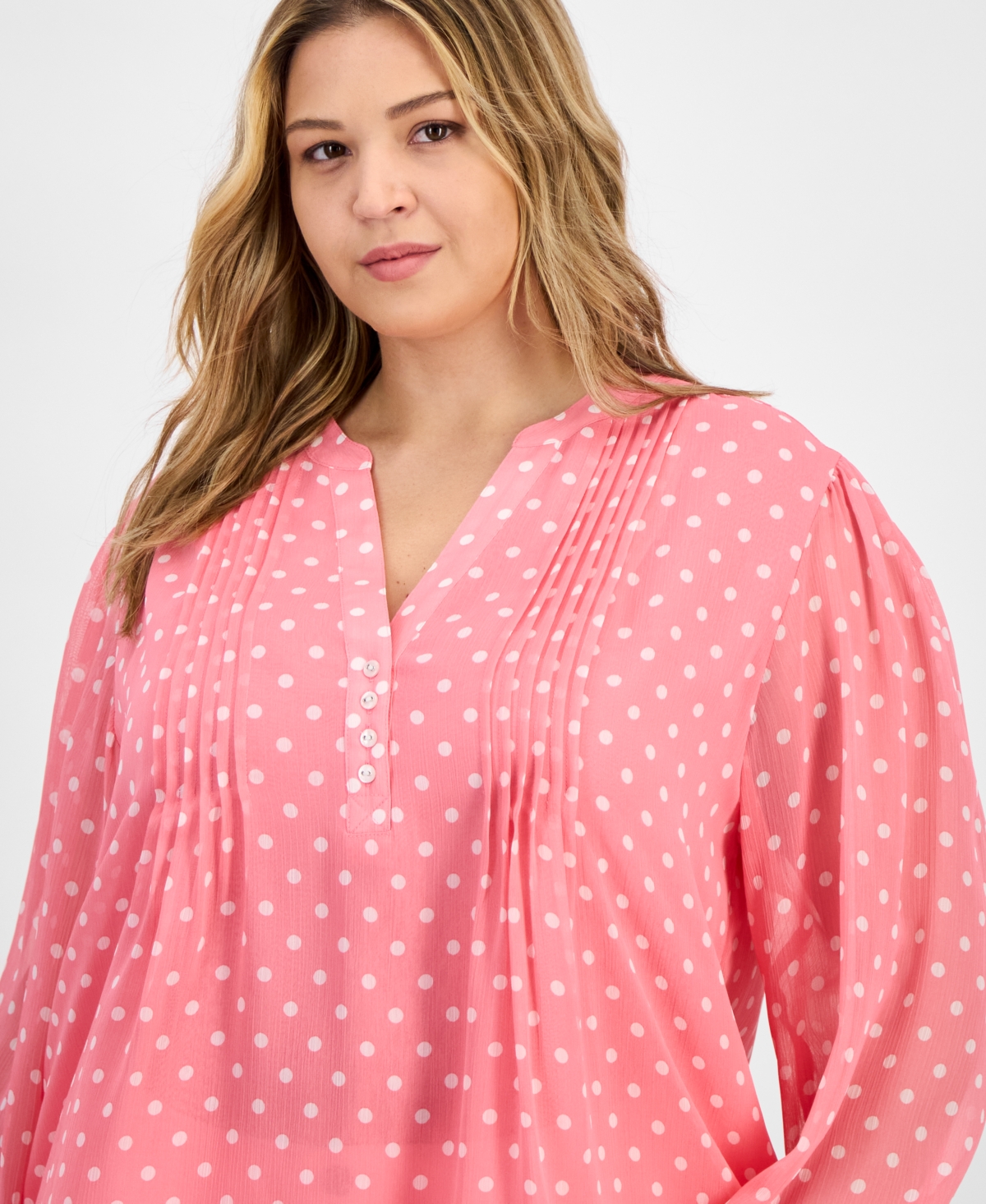 Tommy Hilfiger Plus Size Dot Print Pintuck 3/4-sleeve Top In Peony,ivory