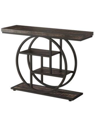 41.3" Console Table, Industrial 4-Tier Sofa Table Entryway Table with Circle Base, Narrow Wood Accent Tables with Shelves, Light Brown