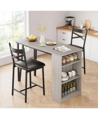 3-Piece Wood Bar Table Set with Storage Shelves Space-Saving Dining Set