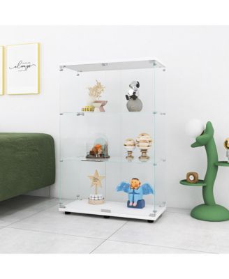 Two-door Glass Display Cabinet 3 Shelves with Door, Floor Standing Curio Bookshelf for Living Room Bedroom Office