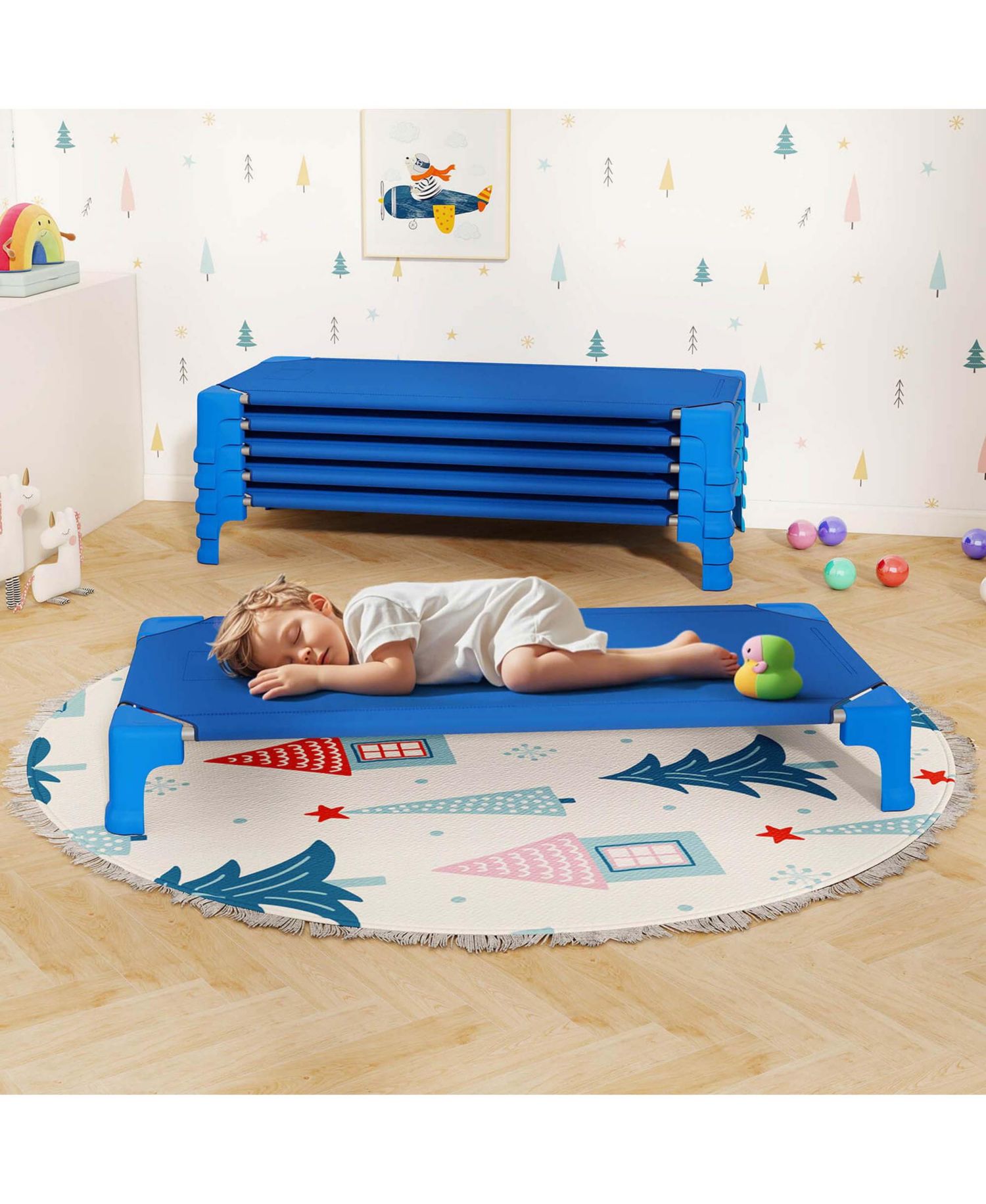 6 Pack Stackable Daycare Cots with Easy Lift Corners Heavy-Duty Metal