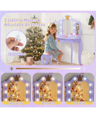 Kids Vanity Set Princess Vanity Table & Chair Set with Lighted Mirror