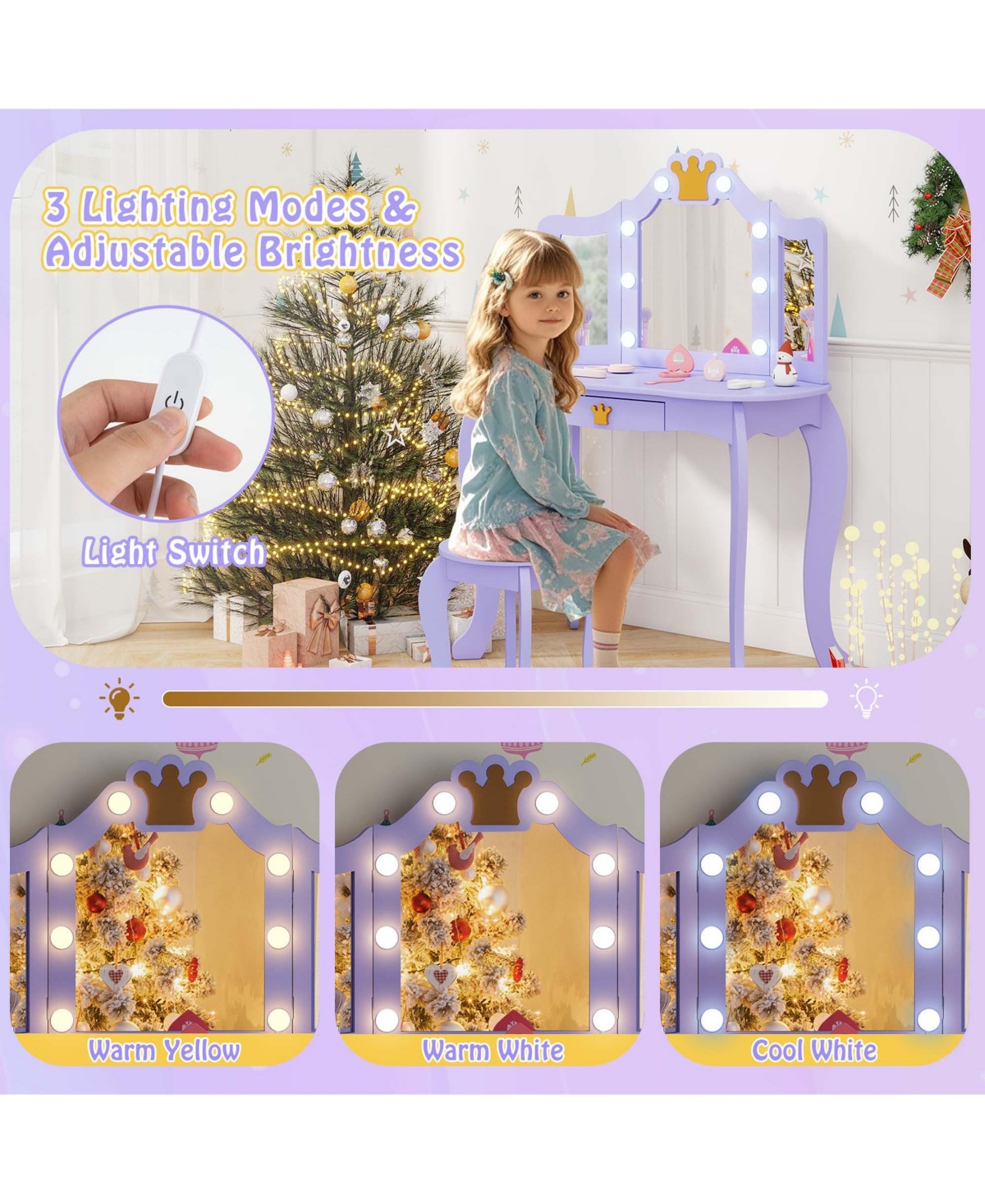 Costway Kids Vanity Set Princess Vanity Table & Chair Set with Lighted Mirror