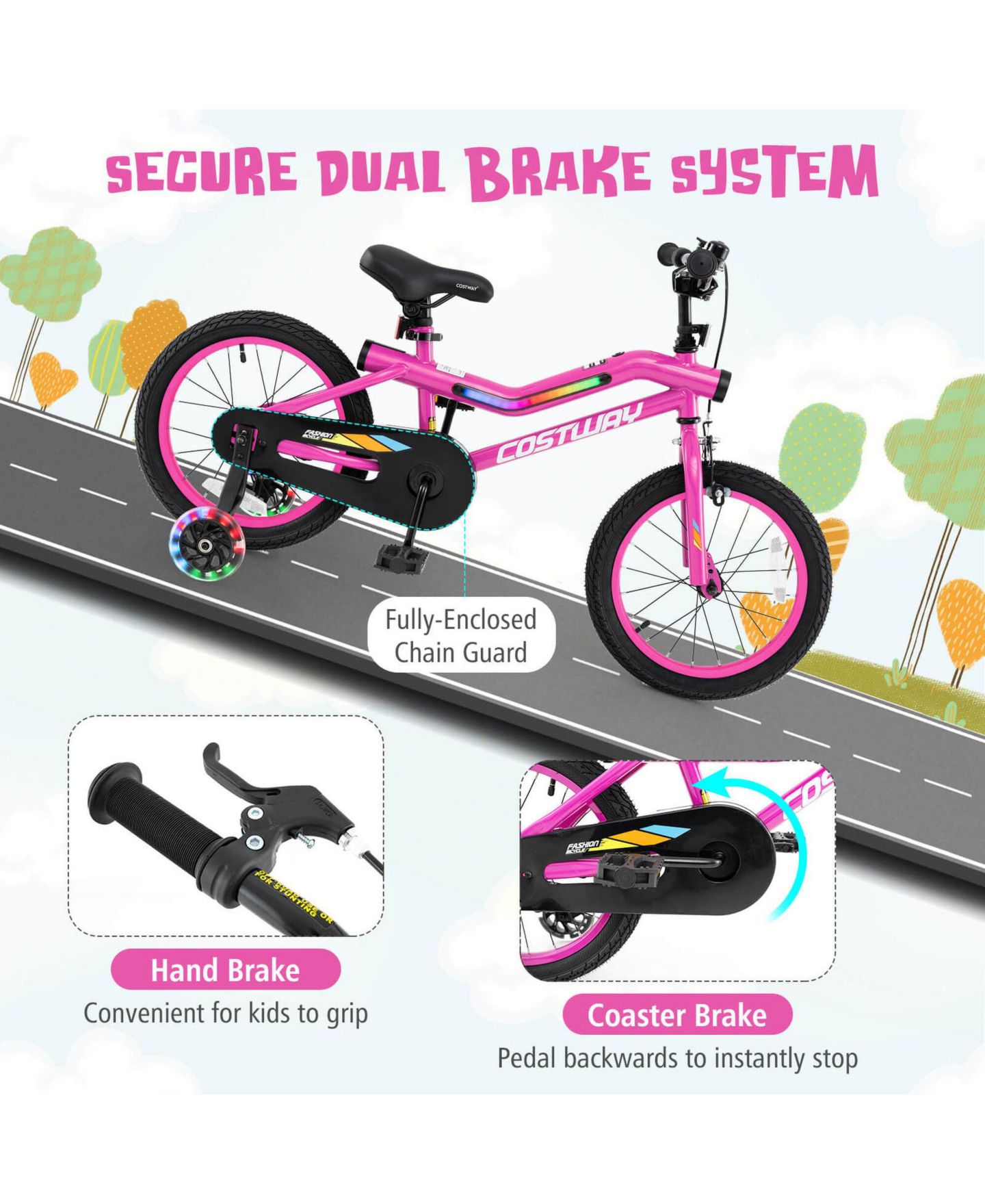 Детская игрушка Costway Aurora Spark I 16" LED-Lighted Coaster-Brake Kids Bike with Training Wheels, 145 lb Capacity, 4–7 лет, цвет: Розовый — фото 7