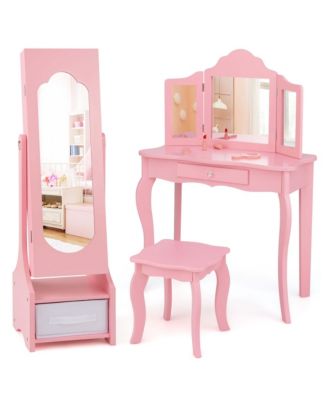 Kids Vanity Set Princess Makeup Dressing Table & Chair Set with Jewelry Armoire
