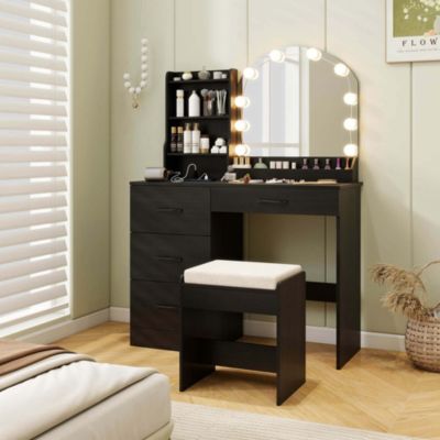 Vanity Set with Mirror and Lights Dressing Table and Chair 4 Drawers 3 Open Shelves