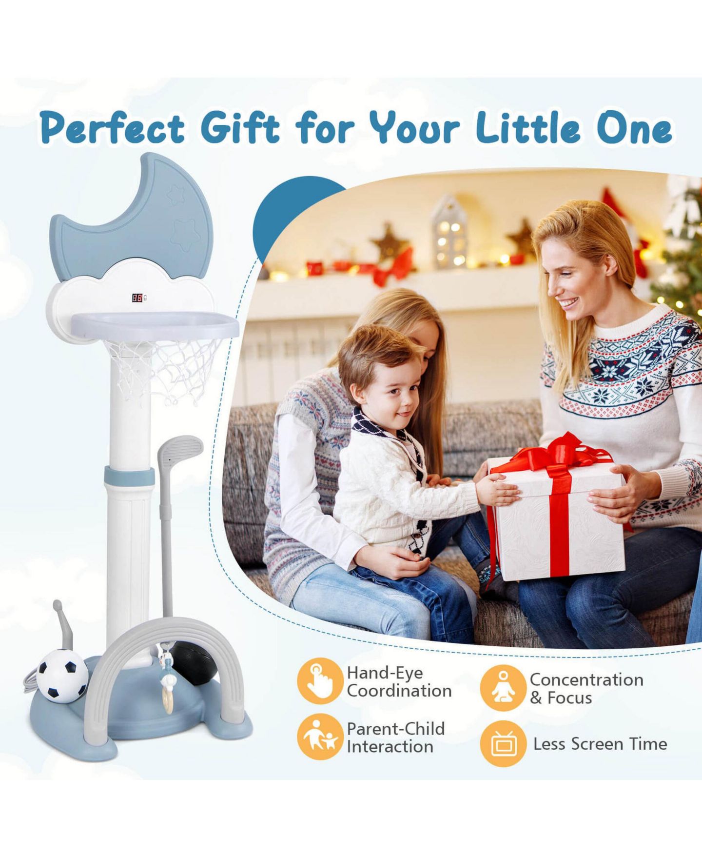 Детские игрушки Costway 4-in-1 Toddlers Basketball Hoop with Soccer Golf and Ring Toss Game, цвет: Синий — фото 10